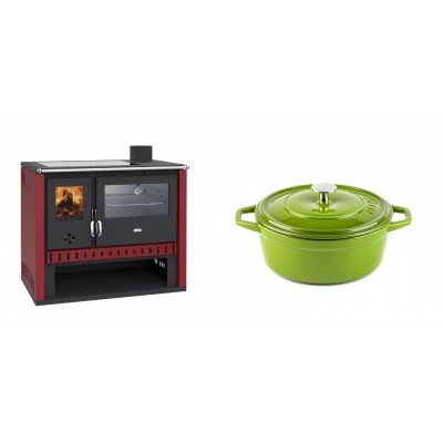 Set Küchenofen / Küchenhexe Prity GT Rot, mit Edelstahl-Backofen und Glaskeramik-Kochfeld, 15 kW + Gusseisen Topf Tiefer Solagio, Bamboo, Ф20 - Kaminofen - Holzofen mit Backfach