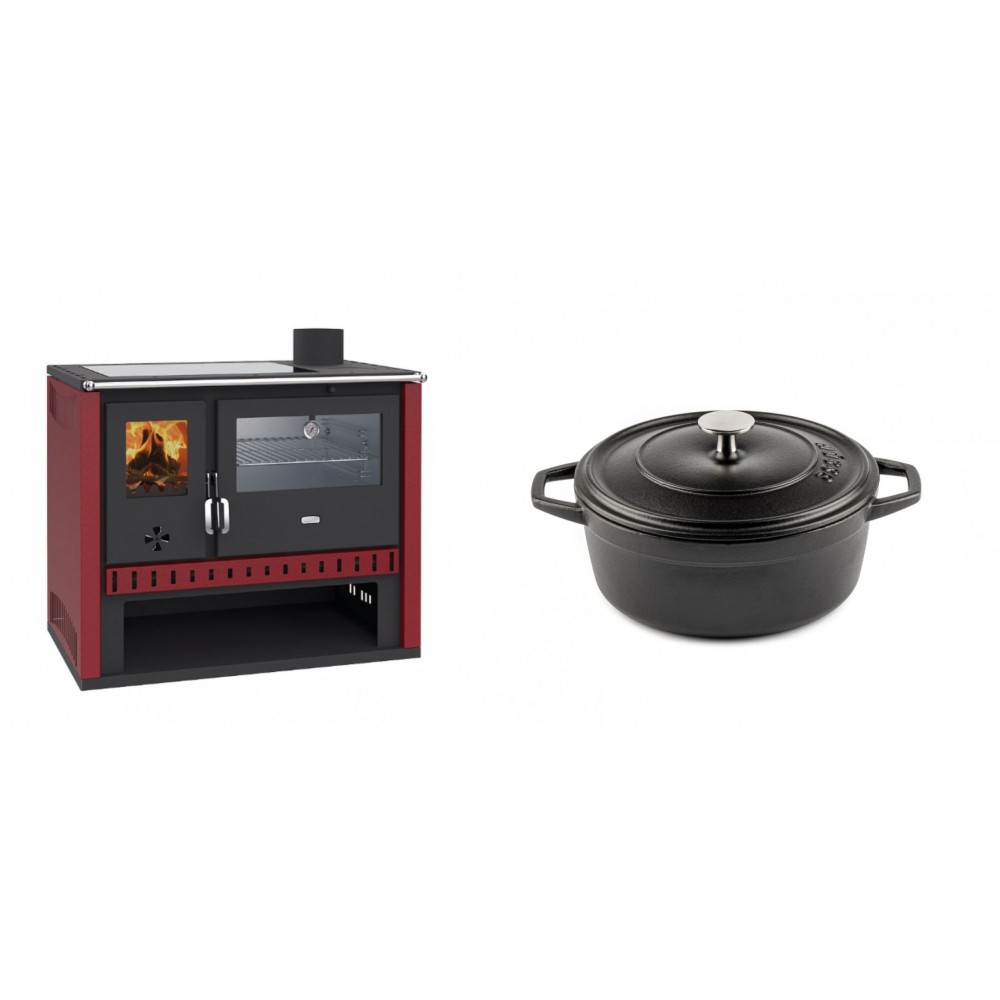 Set Küchenofen / Küchenhexe Prity GT Rot, mit Edelstahl-Backofen und Glaskeramik-Kochfeld, 15 kW + Gusseisen Topf Tiefer Solagio, Black Onyx, Ф20