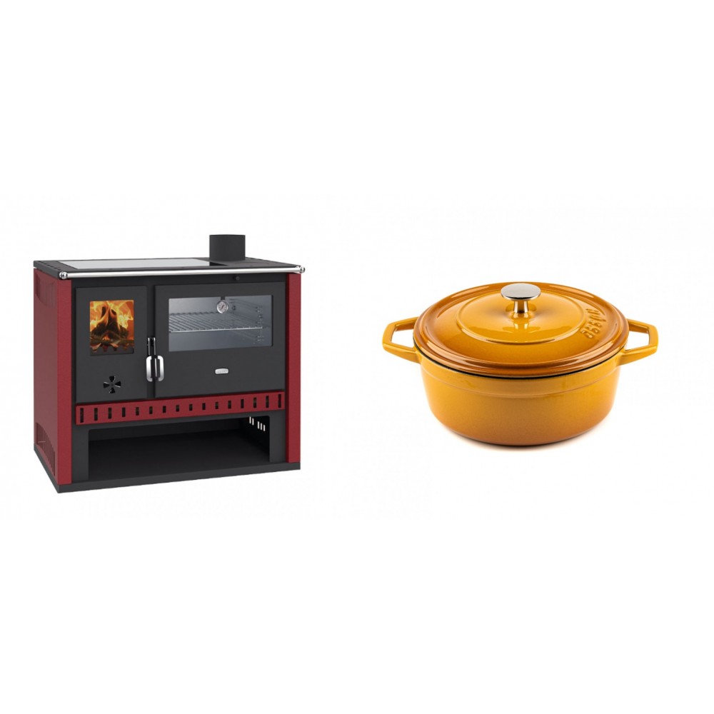 Set Küchenofen / Küchenhexe Prity GT Rot, mit Edelstahl-Backofen und Glaskeramik-Kochfeld, 15 kW + Gusseisen Topf Tiefer Solagio, Dijon, Ф20