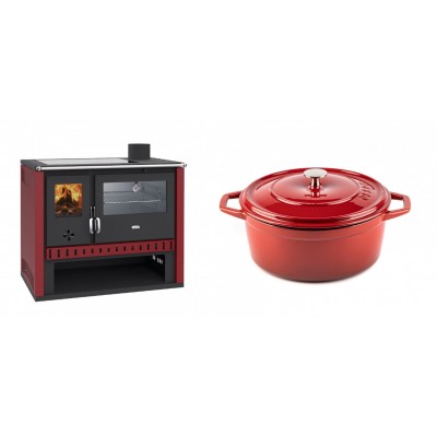 Set Küchenofen / Küchenhexe Prity GT Rot, mit Edelstahl-Backofen und Glaskeramik-Kochfeld, 15 kW + Gusseisen Topf Tiefer Solagio, Rubin, Ф24 - Kaminofen - Holzofen mit Backfach