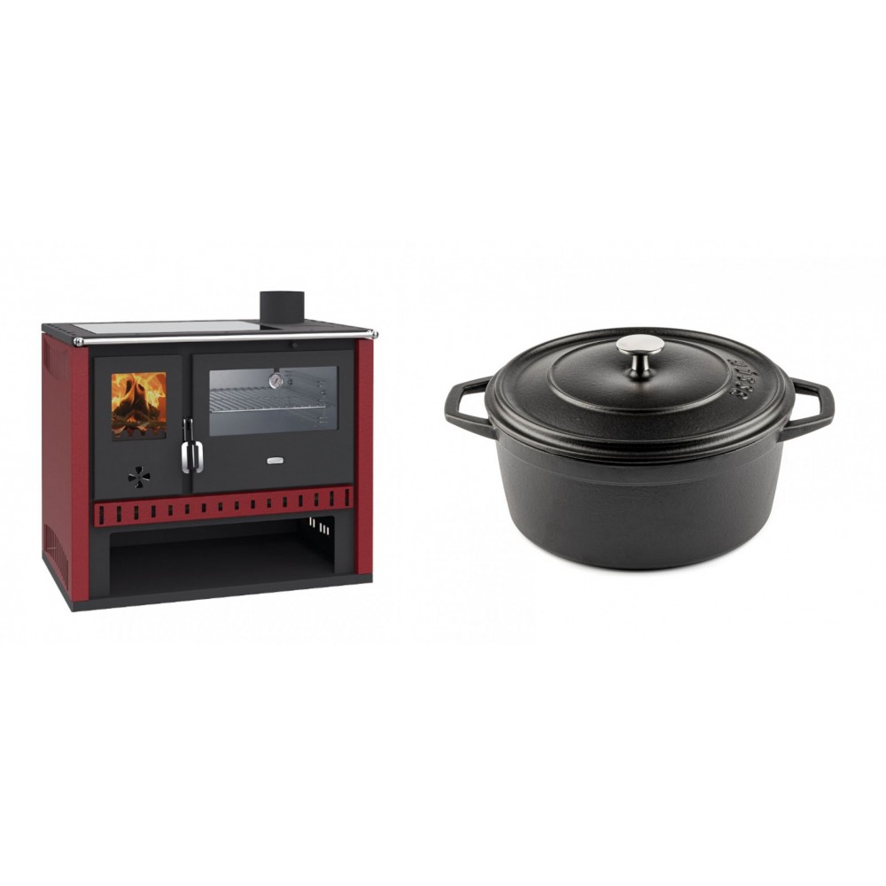 Set Küchenofen / Küchenhexe Prity GT Rot, mit Edelstahl-Backofen und Glaskeramik-Kochfeld, 15 kW + Gusseisen Topf Tiefer Solagio, Black Onyx, Ф24 | Kaminofen - Holzofen mit Backfach | Kaminofen |