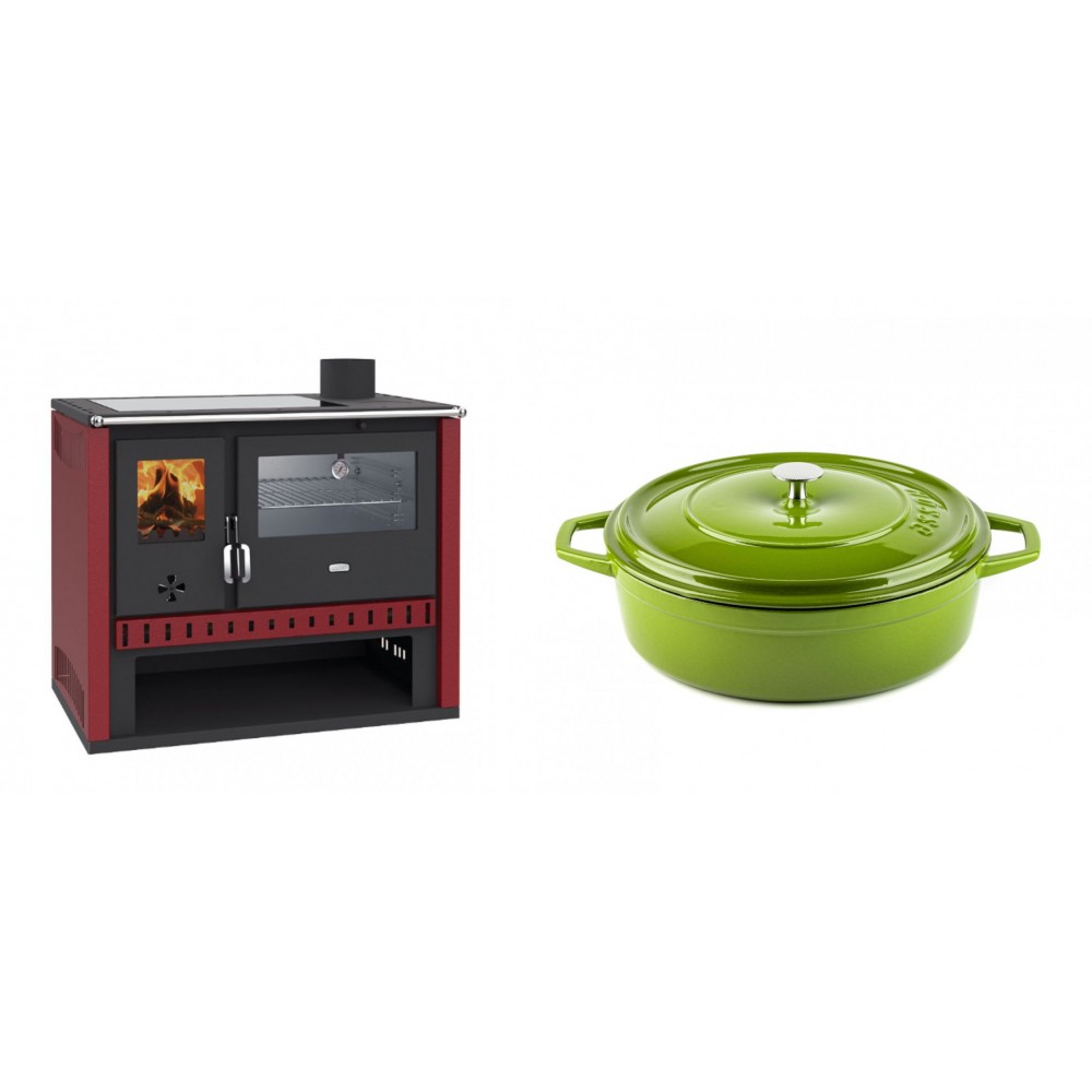 Set Küchenofen / Küchenhexe Prity GT Rot, mit Edelstahl-Backofen und Glaskeramik-Kochfeld, 15 kW + Gusseisen Topf Flach Solagio, Bamboo, Ф26