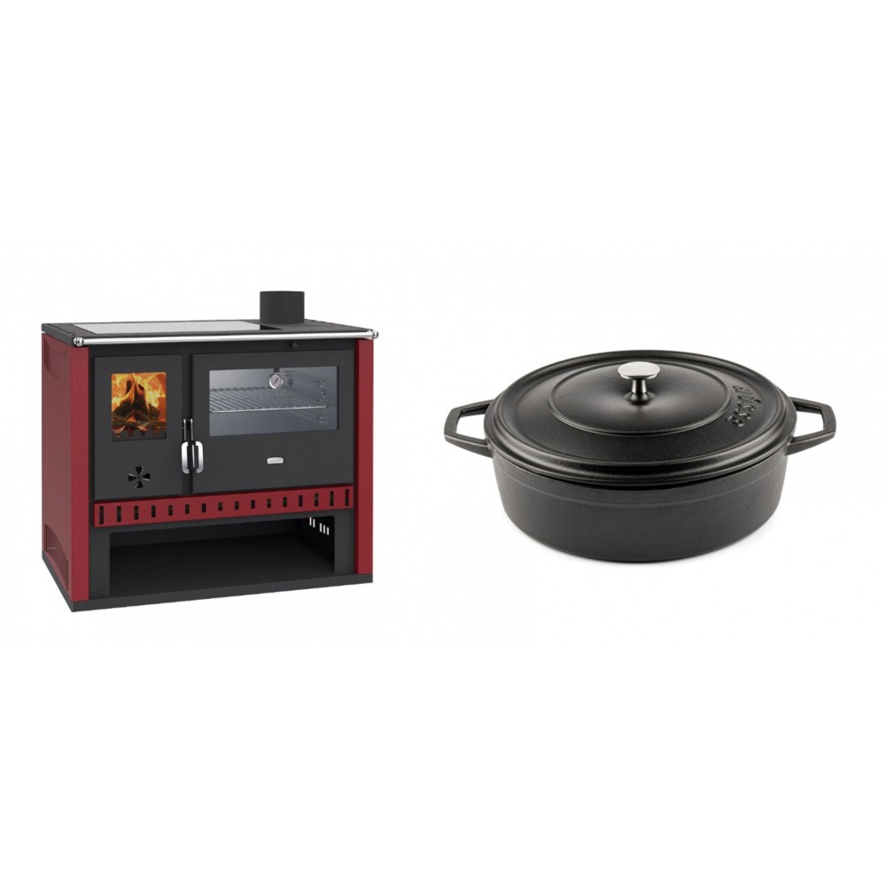 Set Küchenofen / Küchenhexe Prity GT Rot, mit Edelstahl-Backofen und Glaskeramik-Kochfeld, 15 kW + Gusseisen Topf Flach Solagio, Black Onyx, Ф26