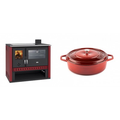 Set Küchenofen / Küchenhexe Prity GT Rot, mit Edelstahl-Backofen und Glaskeramik-Kochfeld, 15 kW + Gusseisen Topf Flach Solagio, Rubin, Ф26 - Kaminofen - Holzofen mit Backfach