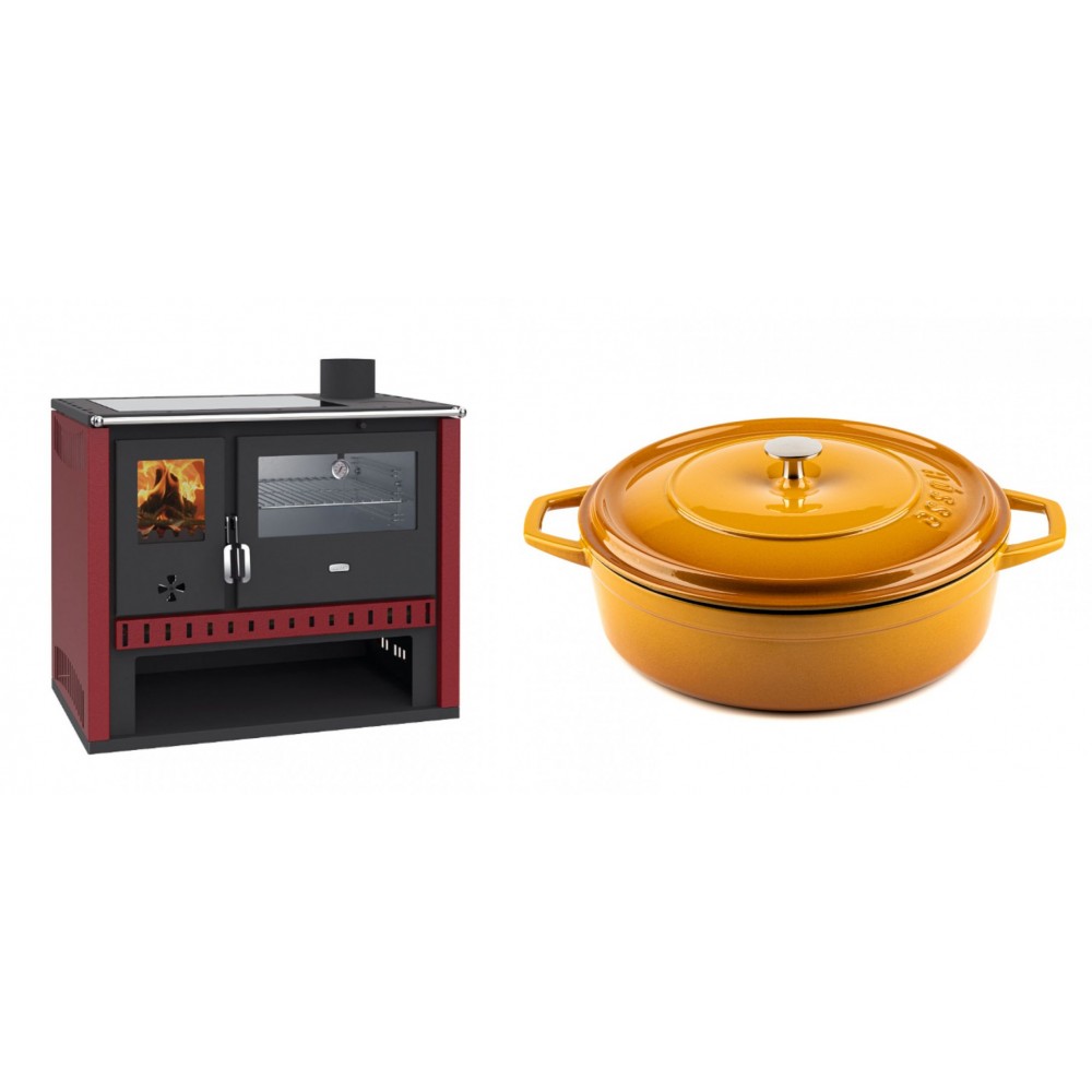 Set Küchenofen / Küchenhexe Prity GT Rot, mit Edelstahl-Backofen und Glaskeramik-Kochfeld, 15 kW + Gusseisen Topf Flach Solagio, Dijon, Ф28 | Kaminofen - Holzofen mit Backfach | Kaminofen |