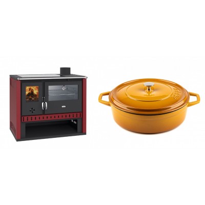Set Küchenofen / Küchenhexe Prity GT Rot, mit Edelstahl-Backofen und Glaskeramik-Kochfeld, 15 kW + Gusseisen Topf Flach Solagio, Dijon, Ф28 - Kaminofen - Holzofen mit Backfach