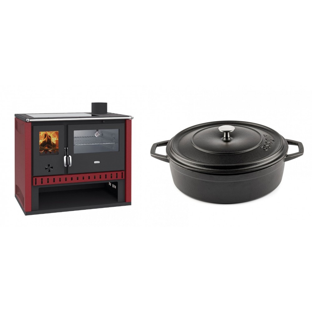Set Küchenofen / Küchenhexe Prity GT Rot, mit Edelstahl-Backofen und Glaskeramik-Kochfeld, 15 kW + Gusseisen Topf Flach Solagio, Black Onyx, Ф28