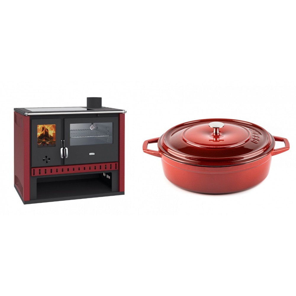 Set Küchenofen / Küchenhexe Prity GT Rot, mit Edelstahl-Backofen und Glaskeramik-Kochfeld, 15 kW + Gusseisen Topf Flach Solagio, Rubin, Ф28 | Kaminofen - Holzofen mit Backfach | Kaminofen |
