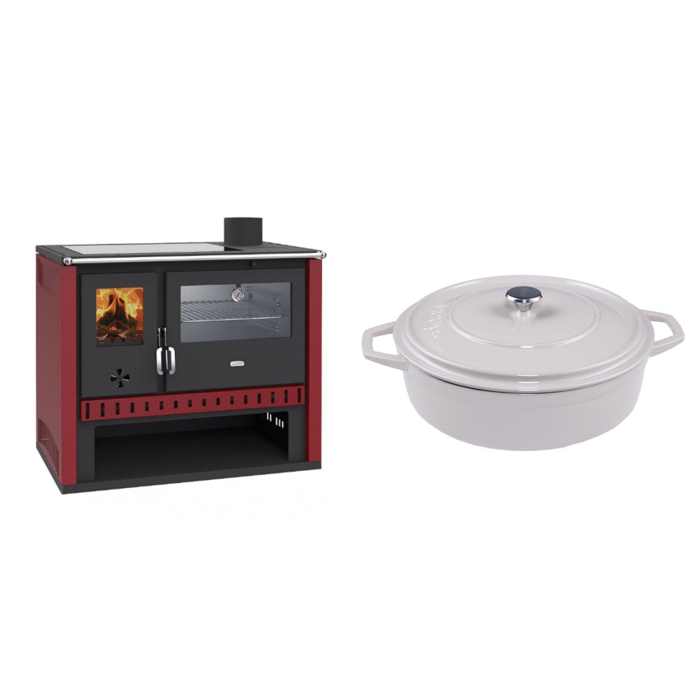Set Küchenofen / Küchenhexe Prity GT Rot, mit Edelstahl-Backofen und Glaskeramik-Kochfeld, 15 kW + Gusseisen Topf Flach Solagio, Ivory, Ф28 | Kaminofen - Holzofen mit Backfach | Kaminofen |
