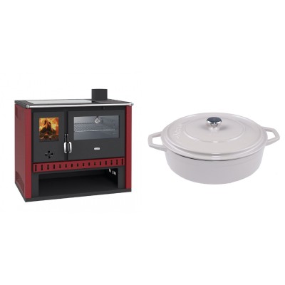 Set Küchenofen / Küchenhexe Prity GT Rot, mit Edelstahl-Backofen und Glaskeramik-Kochfeld, 15 kW + Gusseisen Topf Flach Solagio, Ivory, Ф28 - Kaminofen - Holzofen mit Backfach