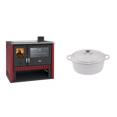 Set Küchenofen / Küchenhexe Prity GT Rot, mit Edelstahl-Backofen und Glaskeramik-Kochfeld, 15 kW + Gusseisen Topf Tiefer Solagio, Ivory, Ф20 - Kaminofen - Holzofen mit Backfach