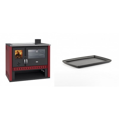Set Küchenofen / Küchenhexe Prity GT Rot, mit Edelstahl-Backofen und Glaskeramik-Kochfeld, 15 kW + Rechteckige Servierplatte aus Gusseisen Solagio, 21x31cm - Kaminofen - Holzofen mit Backfach