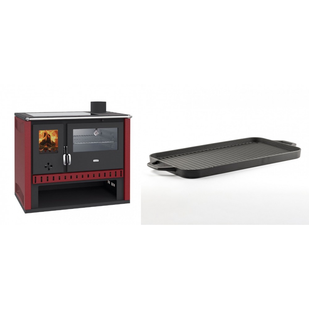 Set Küchenofen / Küchenhexe Prity GT Rot, mit Edelstahl-Backofen und Glaskeramik-Kochfeld, 15 kW + Große Grillplatte aus Gusseisen Solagio, 25x44cm | Kaminofen - Holzofen mit Backfach | Kaminofen |