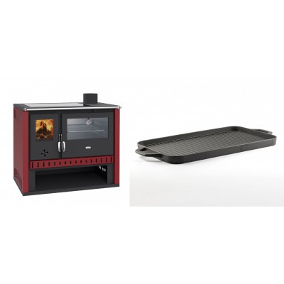 Set Küchenofen / Küchenhexe Prity GT Rot, mit Edelstahl-Backofen und Glaskeramik-Kochfeld, 15 kW + Große Grillplatte aus Gusseisen Solagio, 25x44cm - Kaminofen - Holzofen mit Backfach