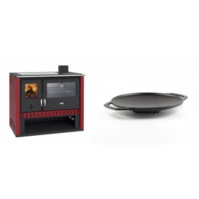 Set Küchenofen / Küchenhexe Prity GT Rot, mit Edelstahl-Backofen und Glaskeramik-Kochfeld, 15 kW + Backplatte aus Gusseisen Solagio, Ф28cm - Kaminofen - Holzofen mit Backfach