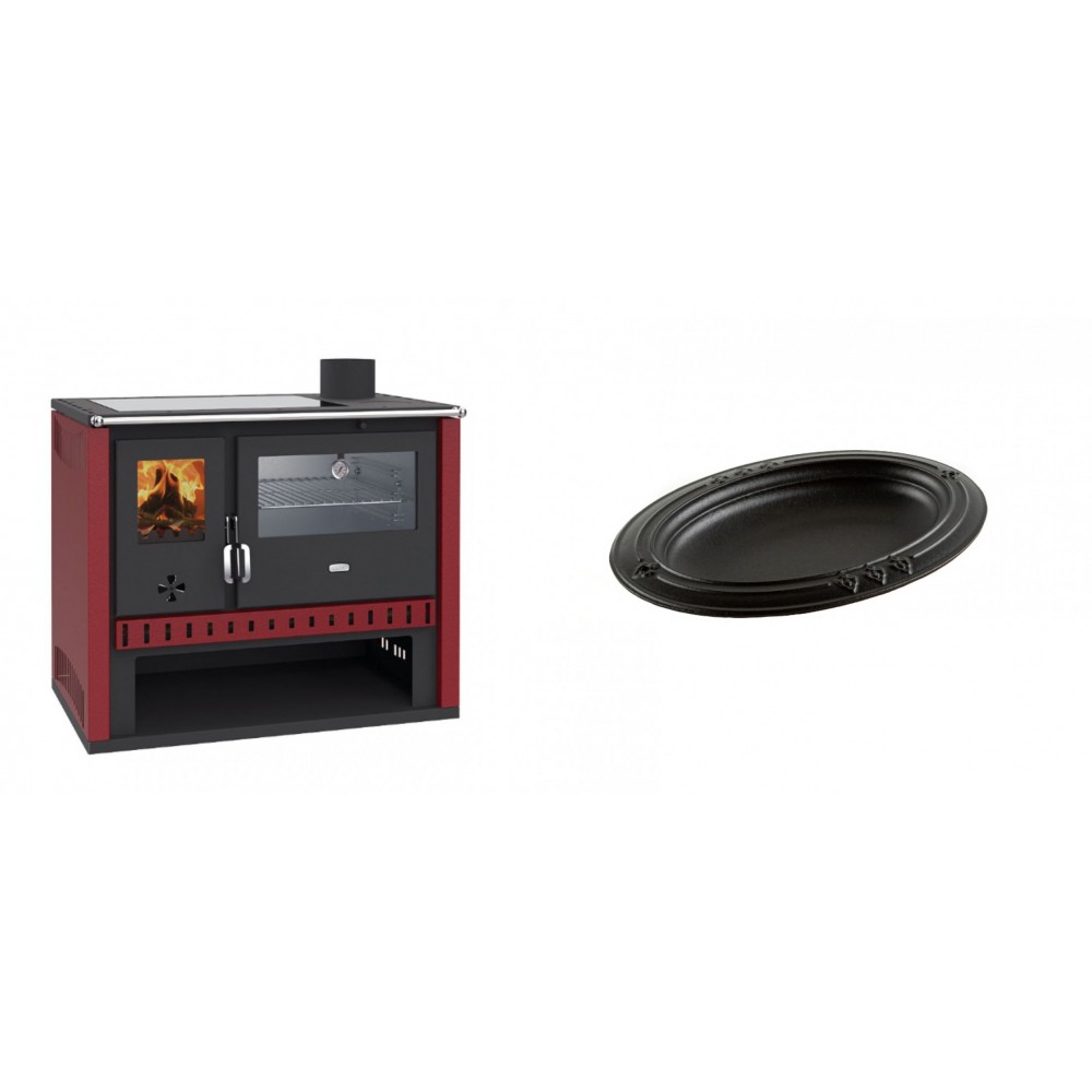 Set Küchenofen / Küchenhexe Prity GT Rot, mit Edelstahl-Backofen und Glaskeramik-Kochfeld, 15 kW + Gusseiserne auflaufform Solagio oval, 25x33cm | Kaminofen - Holzofen mit Backfach | Kaminofen |