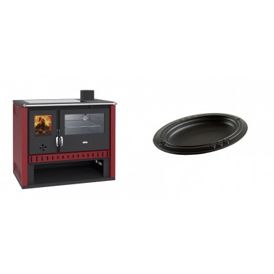 Set Küchenofen / Küchenhexe Prity GT Rot, mit Edelstahl-Backofen und Glaskeramik-Kochfeld, 15 kW + Gusseiserne auflaufform Solagio oval, 25x33cm - Kaminofen - Holzofen mit Backfach