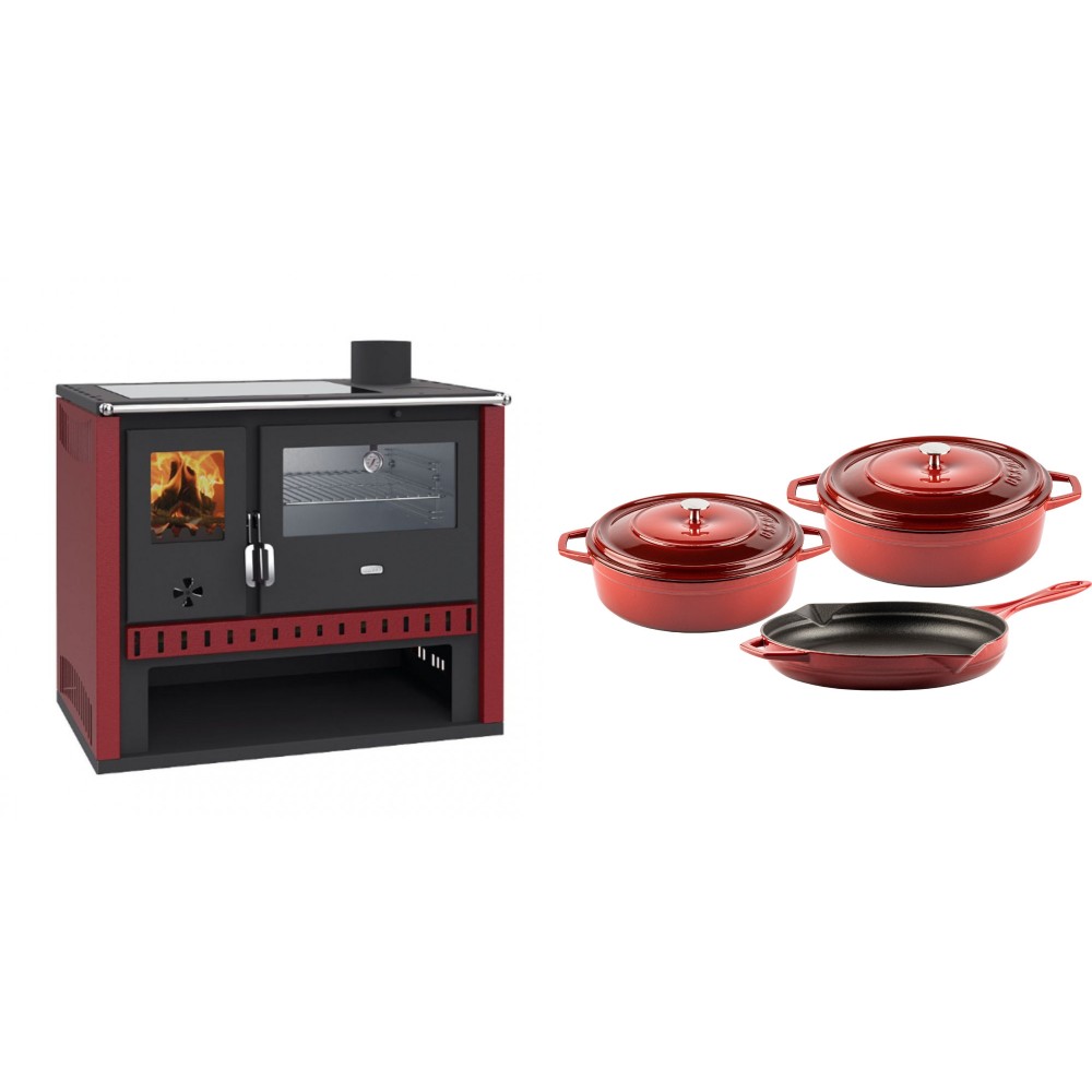 Set Küchenofen / Küchenhexe Prity GT Rot, mit Edelstahl-Backofen und Glaskeramik-Kochfeld, 15 kW + Gusseisen Topf Set aus 3 teilen Solagio, Rubin
