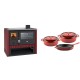 Set Küchenofen / Küchenhexe Prity GT Rot, mit Edelstahl-Backofen und Glaskeramik-Kochfeld, 15 kW + Gusseisen Topf Set aus 3 teilen Solagio, Rubin | Kaminofen - Holzofen mit Backfach | Kaminofen |
