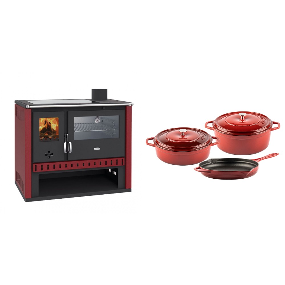 Set Küchenofen / Küchenhexe Prity GT Rot, mit Edelstahl-Backofen und Glaskeramik-Kochfeld, 15 kW + Gusseisen Topf Set aus 3 teilen Solagio, Rubin | Kaminofen - Holzofen mit Backfach | Kaminofen |