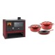 Set Küchenofen / Küchenhexe Prity GT Rot, mit Edelstahl-Backofen und Glaskeramik-Kochfeld, 15 kW + Gusseisen Topf Set aus 3 teilen Solagio, Rubin | Kaminofen - Holzofen mit Backfach | Kaminofen |
