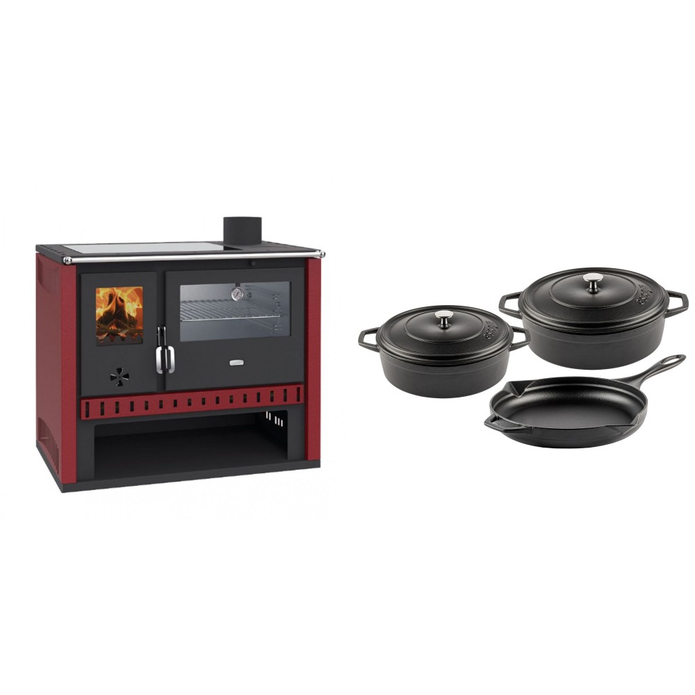 Set Küchenofen / Küchenhexe Prity GT Rot, mit Edelstahl-Backofen und Glaskeramik-Kochfeld, 15 kW + Gusseisen Topf Set aus 3 teilen Solagio, Black Onyx | Kaminofen - Holzofen mit Backfach | Kaminofen |