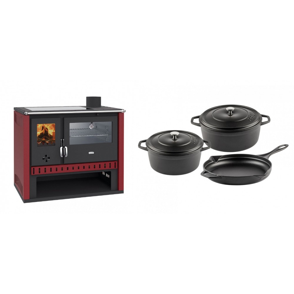 Set Küchenofen / Küchenhexe Prity GT Rot, mit Edelstahl-Backofen und Glaskeramik-Kochfeld, 15 kW + Gusseisen Topf Set aus 3 teilen Solagio, Black Onyx | Kaminofen - Holzofen mit Backfach | Kaminofen |