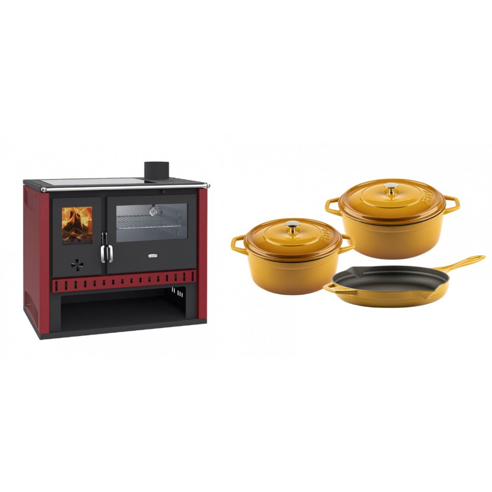 Set Küchenofen / Küchenhexe Prity GT Rot, mit Edelstahl-Backofen und Glaskeramik-Kochfeld, 15 kW + Gusseisen Topf Set aus 3 teilen Solagio, Dijon