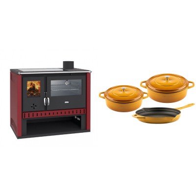 Set Küchenofen / Küchenhexe Prity GT Rot, mit Edelstahl-Backofen und Glaskeramik-Kochfeld, 15 kW + Gusseisen Topf Set aus 3 teilen Solagio, Dijon - Kaminofen - Holzofen mit Backfach