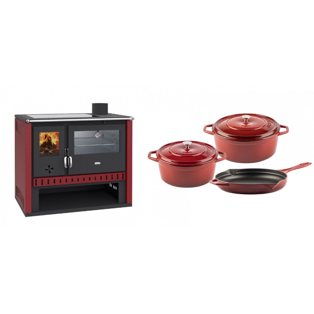 Set Küchenofen / Küchenhexe Prity GT Rot, mit Edelstahl-Backofen und Glaskeramik-Kochfeld, 15 kW + Gusseisen Topf Set aus 3 teilen Solagio, Rubin