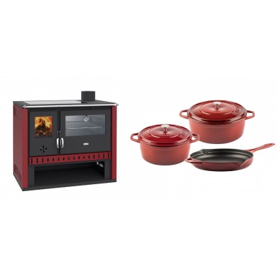 Set Küchenofen / Küchenhexe Prity GT Rot, mit Edelstahl-Backofen und Glaskeramik-Kochfeld, 15 kW + Gusseisen Topf Set aus 3 teilen Solagio, Rubin - Kaminofen - Holzofen mit Backfach