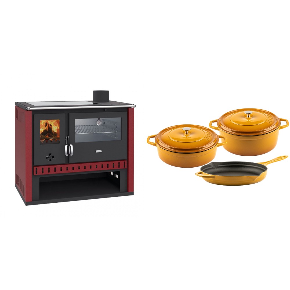 Set Küchenofen / Küchenhexe Prity GT Rot, mit Edelstahl-Backofen und Glaskeramik-Kochfeld, 15 kW + Gusseisen Topf Set aus 3 teilen Solagio, Dijon