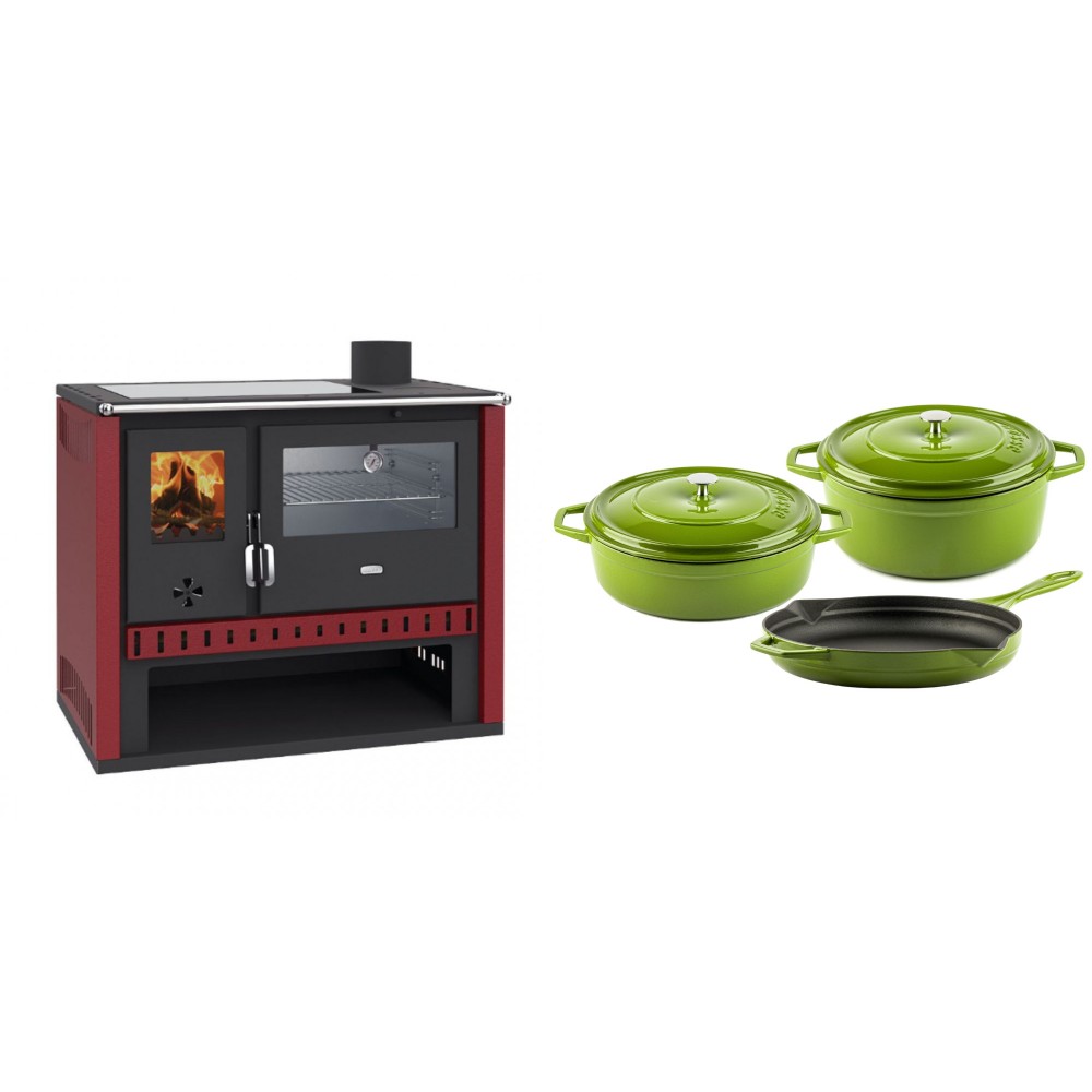 Set Küchenofen / Küchenhexe Prity GT Rot, mit Edelstahl-Backofen und Glaskeramik-Kochfeld, 15 kW + Gusseisen Topf Set aus 3 teilen Solagio, Bamboo