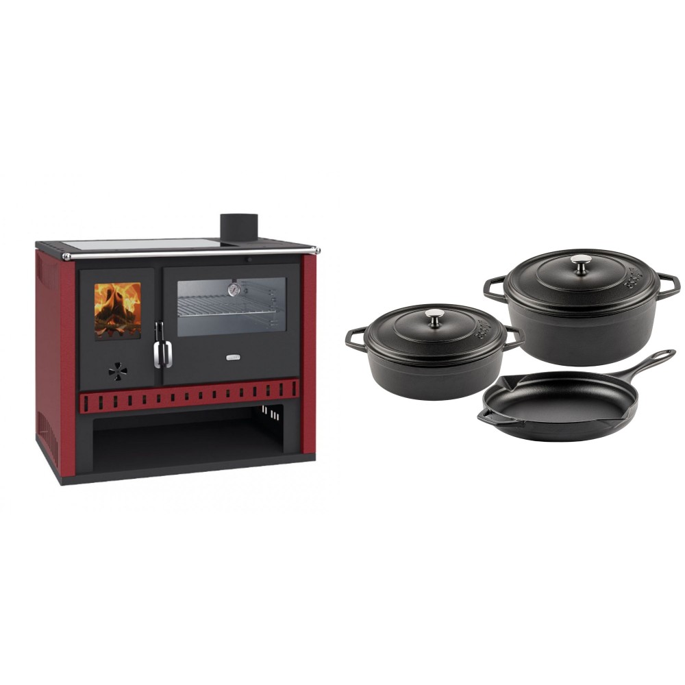 Set Küchenofen / Küchenhexe Prity GT Rot, mit Edelstahl-Backofen und Glaskeramik-Kochfeld, 15 kW + Gusseisen Topf Set aus 3 teilen Solagio, Black Onyx