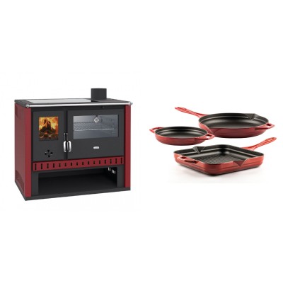 Set Küchenofen / Küchenhexe Prity GT Rot, mit Edelstahl-Backofen und Glaskeramik-Kochfeld, 15 kW + Gusseisen Topf Set aus 3 teilen Solagio, Rubin - Kaminofen - Holzofen mit Backfach