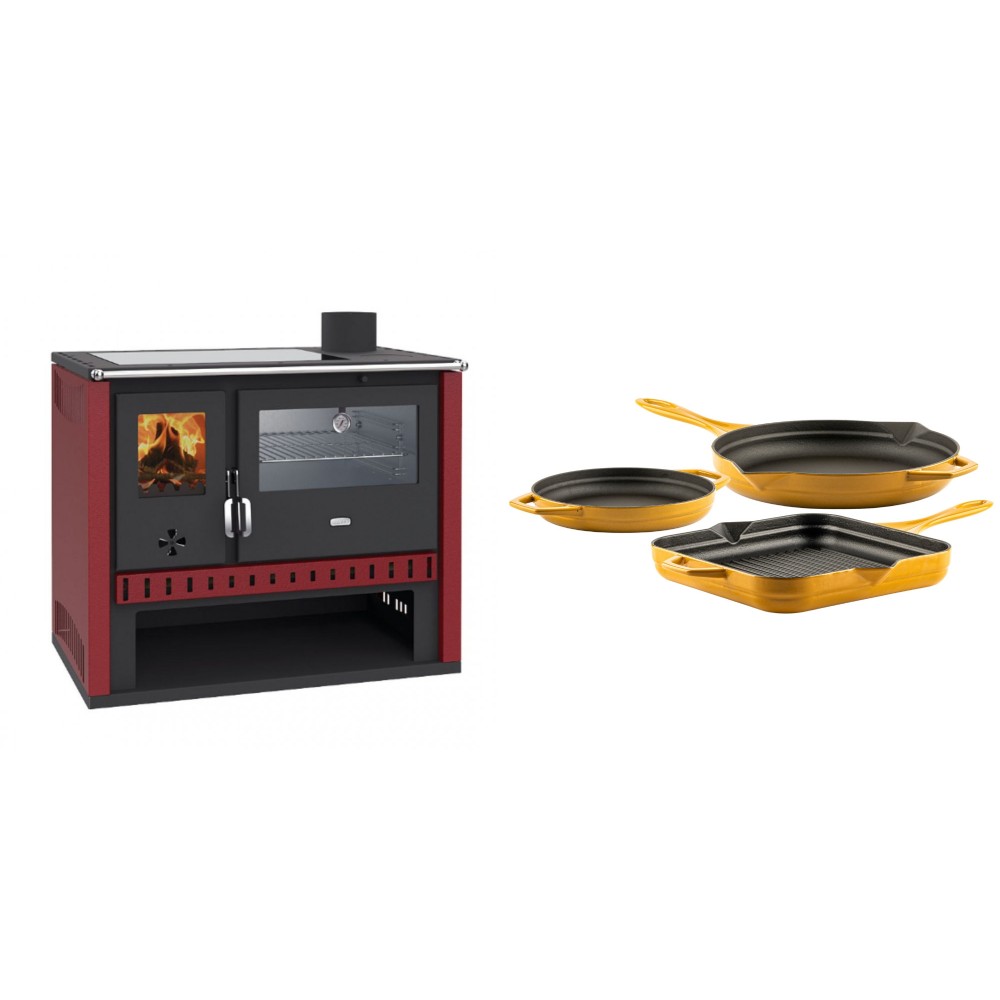 Set Küchenofen / Küchenhexe Prity GT Rot, mit Edelstahl-Backofen und Glaskeramik-Kochfeld, 15 kW + Gusseisen Topf Set aus 3 teilen Solagio, Dijon