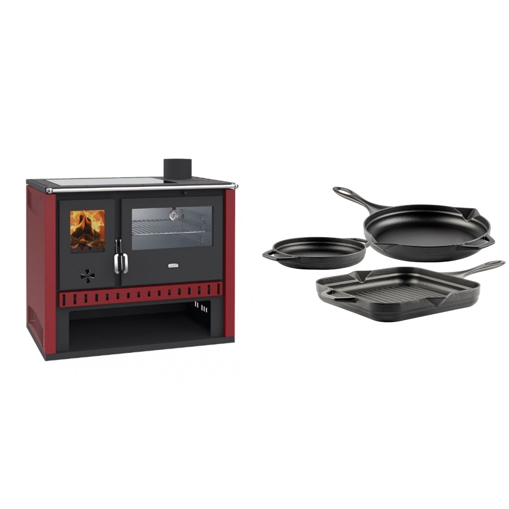 Set Küchenofen / Küchenhexe Prity GT Rot, mit Edelstahl-Backofen und Glaskeramik-Kochfeld, 15 kW + Gusseisen Topf Set aus 3 teilen Solagio, Black Onyx