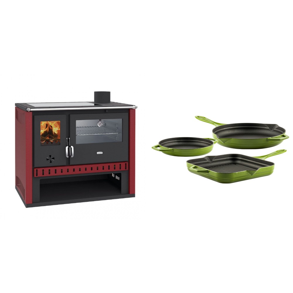 Set Küchenofen / Küchenhexe Prity GT Rot, mit Edelstahl-Backofen und Glaskeramik-Kochfeld, 15 kW + Gusseisen Topf Set aus 3 teilen Solagio, Bamboo | Kaminofen - Holzofen mit Backfach | Kaminofen |