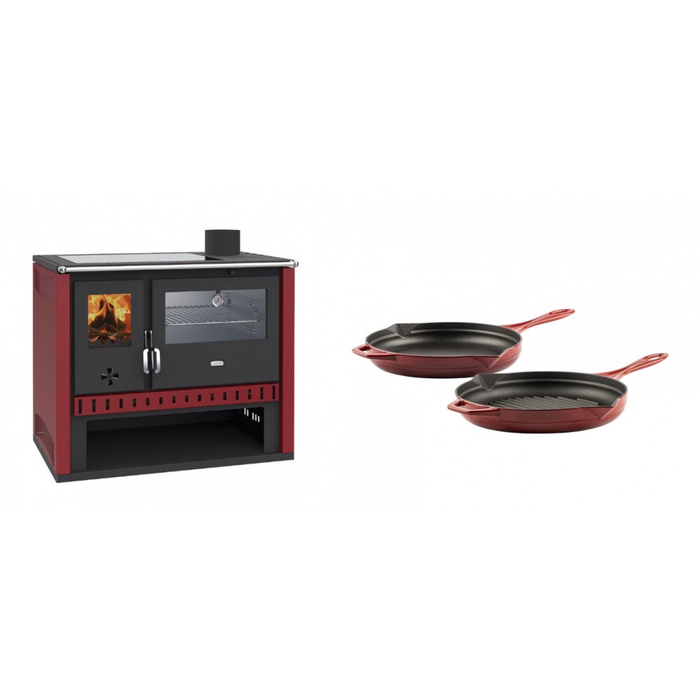Set Küchenofen / Küchenhexe Prity GT Rot, mit Edelstahl-Backofen und Glaskeramik-Kochfeld, 15 kW + Gusseisen Topf Set aus 2 teilen Solagio, Rubin | Kaminofen - Holzofen mit Backfach | Kaminofen |