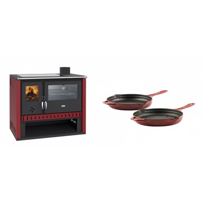 Set Küchenofen / Küchenhexe Prity GT Rot, mit Edelstahl-Backofen und Glaskeramik-Kochfeld, 15 kW + Gusseisen Topf Set aus 2 teilen Solagio, Rubin - Kaminofen - Holzofen mit Backfach