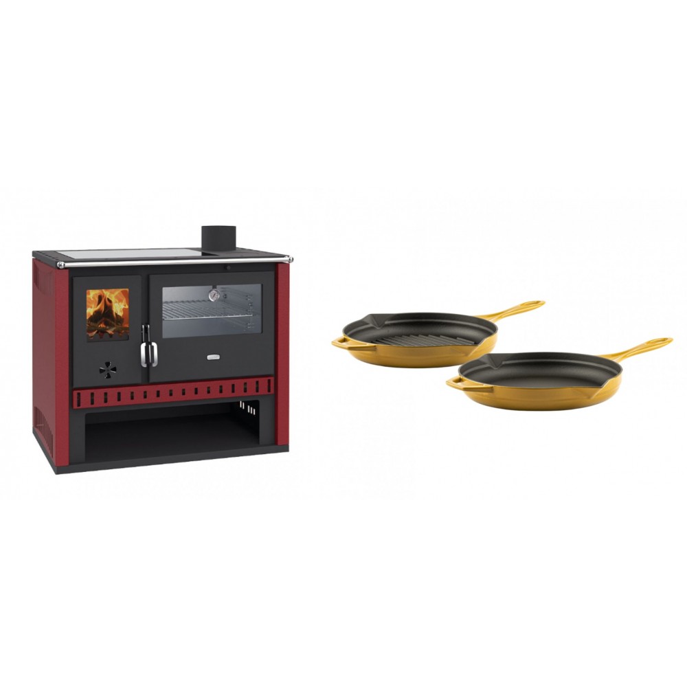 Set Küchenofen / Küchenhexe Prity GT Rot, mit Edelstahl-Backofen und Glaskeramik-Kochfeld, 15 kW + Gusseisen Topf Set aus 2 teilen Solagio, Dijon | Kaminofen - Holzofen mit Backfach | Kaminofen |