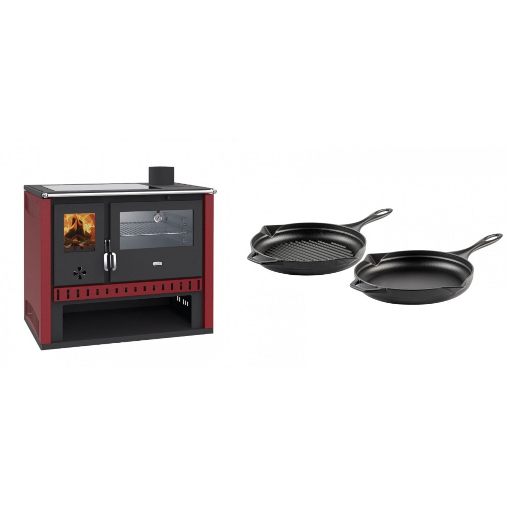 Set Küchenofen / Küchenhexe Prity GT Rot, mit Edelstahl-Backofen und Glaskeramik-Kochfeld, 15 kW + Gusseisen Topf Set aus 2 teilen Solagio, Black Onyx | Kaminofen - Holzofen mit Backfach | Kaminofen |