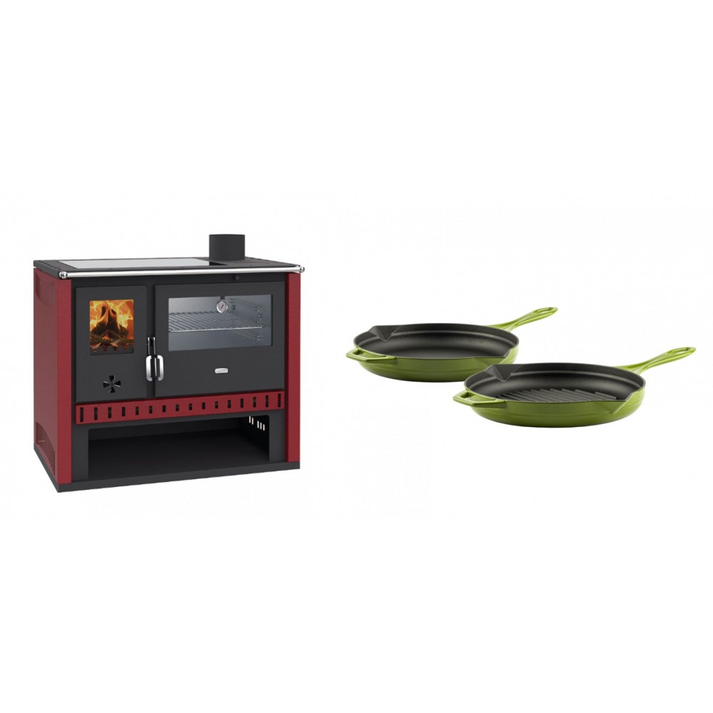 Set Küchenofen / Küchenhexe Prity GT Rot, mit Edelstahl-Backofen und Glaskeramik-Kochfeld, 15 kW + Gusseisen Topf Set aus 2 teilen Solagio, Bamboo
