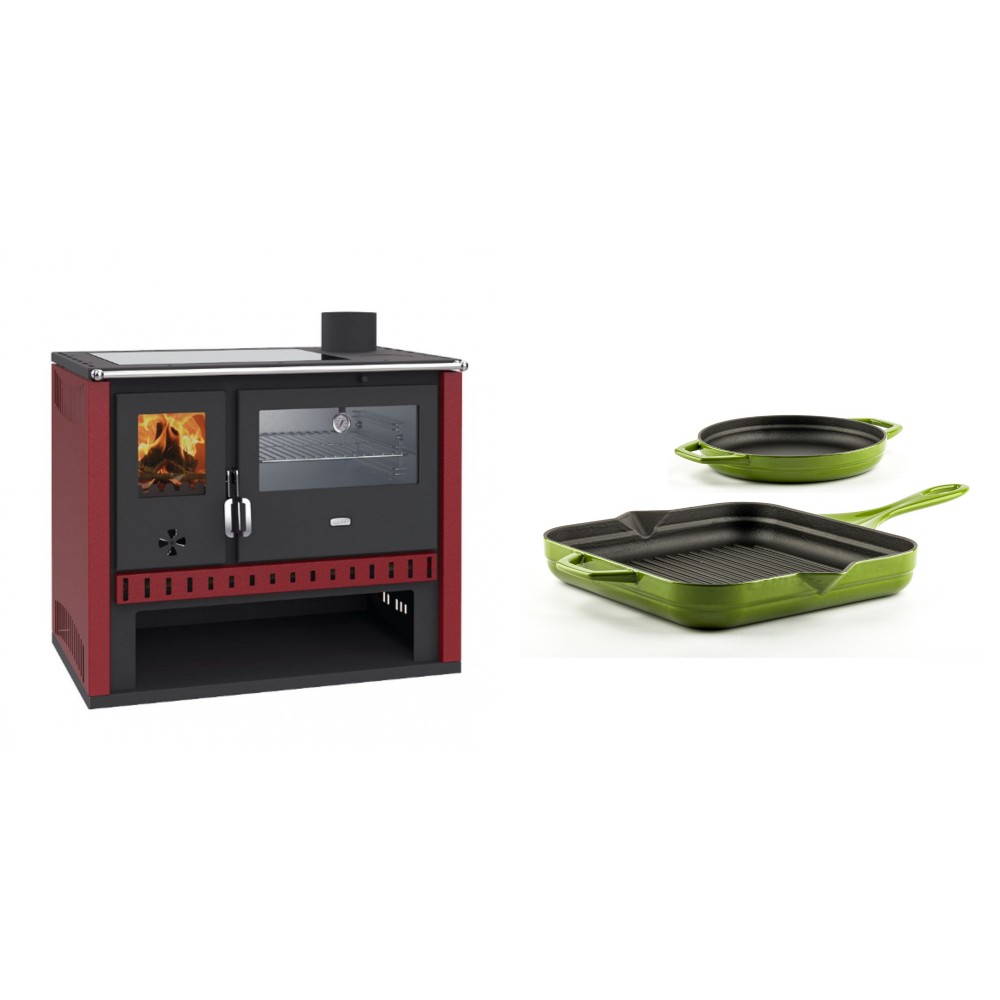 Set Küchenofen / Küchenhexe Prity GT Rot, mit Edelstahl-Backofen und Glaskeramik-Kochfeld, 15 kW + Gusseisen Topf Set aus 2 teilen Solagio, Bamboo