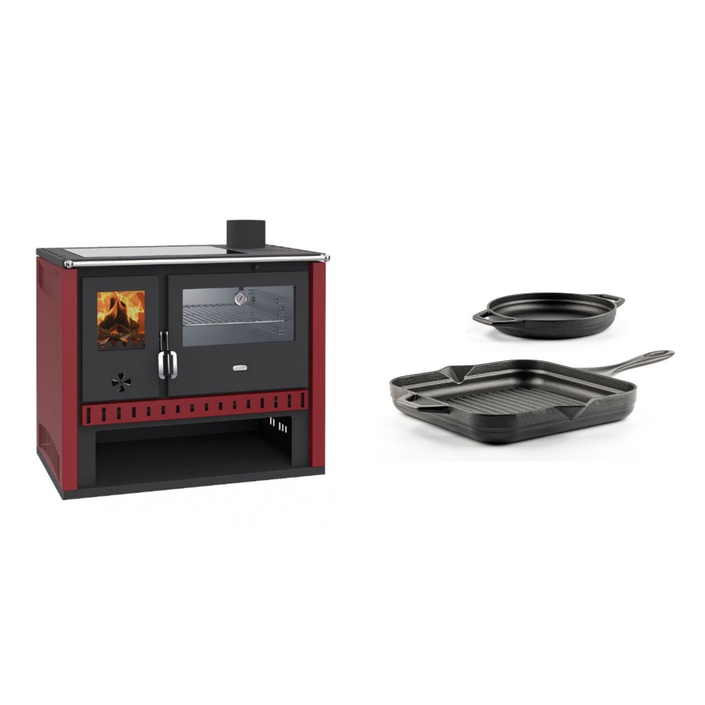 Set Küchenofen / Küchenhexe Prity GT Rot, mit Edelstahl-Backofen und Glaskeramik-Kochfeld, 15 kW + Gusseisen Topf Set aus 2 teilen Solagio, Black Onyx | Kaminofen - Holzofen mit Backfach | Kaminofen |