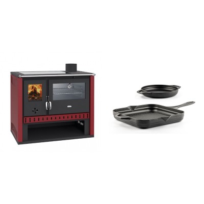 Set Küchenofen / Küchenhexe Prity GT Rot, mit Edelstahl-Backofen und Glaskeramik-Kochfeld, 15 kW + Gusseisen Topf Set aus 2 teilen Solagio, Black Onyx - Kaminofen - Holzofen mit Backfach