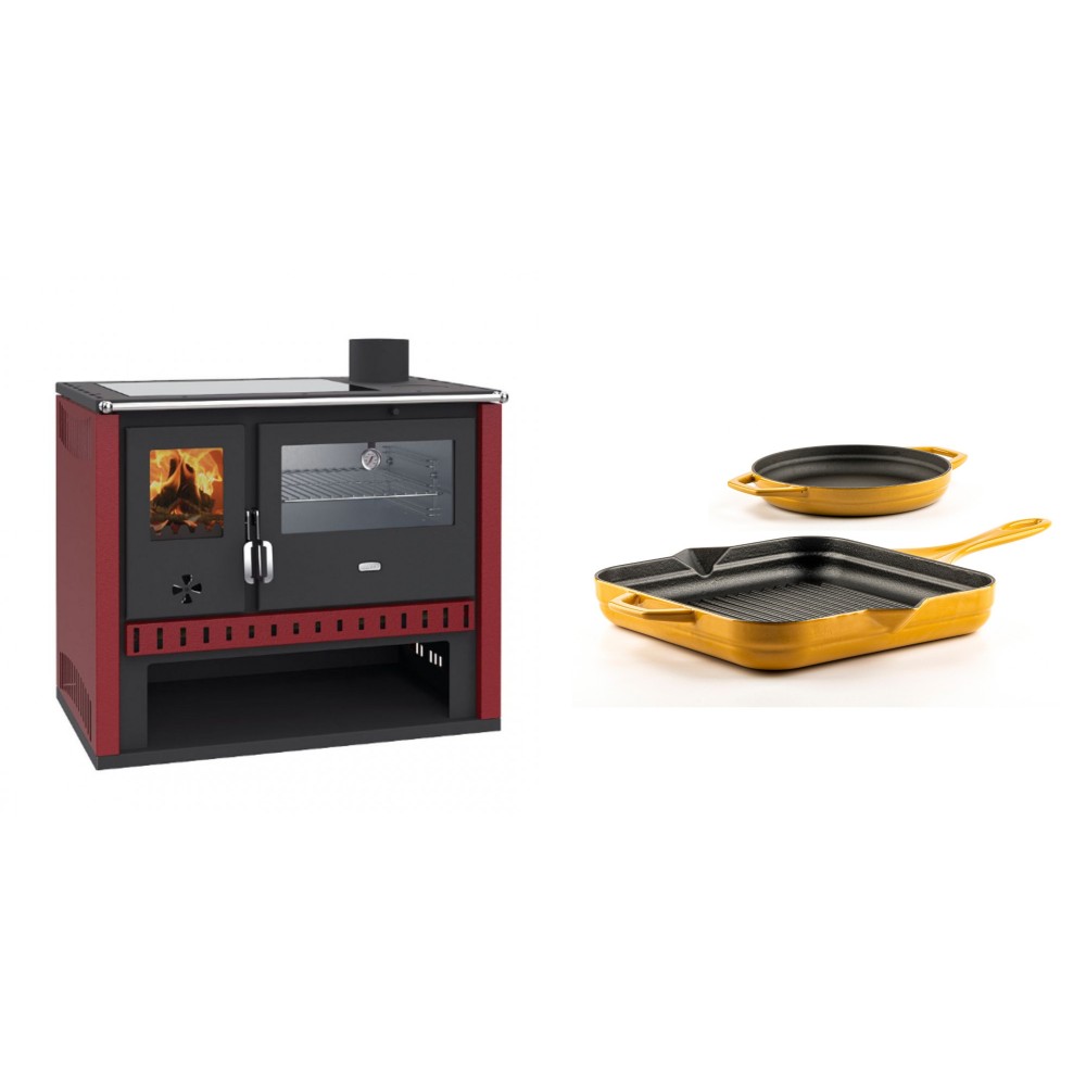 Set Küchenofen / Küchenhexe Prity GT Rot, mit Edelstahl-Backofen und Glaskeramik-Kochfeld, 15 kW + Gusseisen Topf Set aus 2 teilen Solagio, Dijon