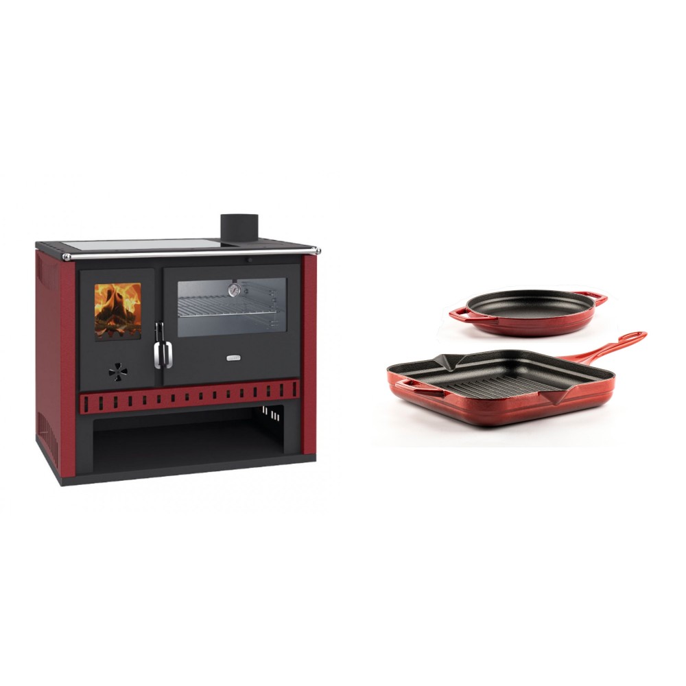 Set Küchenofen / Küchenhexe Prity GT Rot, mit Edelstahl-Backofen und Glaskeramik-Kochfeld, 15 kW + Gusseisen Topf Set aus 2 teilen Solagio, Rubin