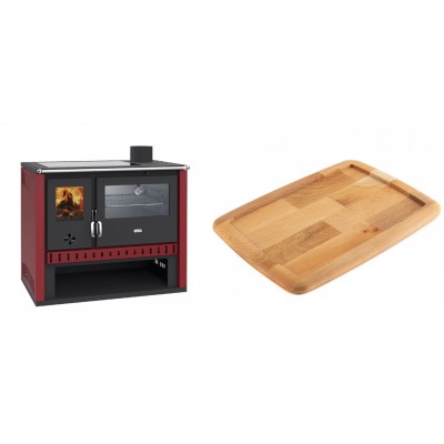 Set Küchenofen / Küchenhexe Prity GT Rot, mit Edelstahl-Backofen und Glaskeramik-Kochfeld, 15 kW + Holz untersetzer für gusseisenplatte Solagio HSST2131 - Kaminofen - Holzofen mit Backfach