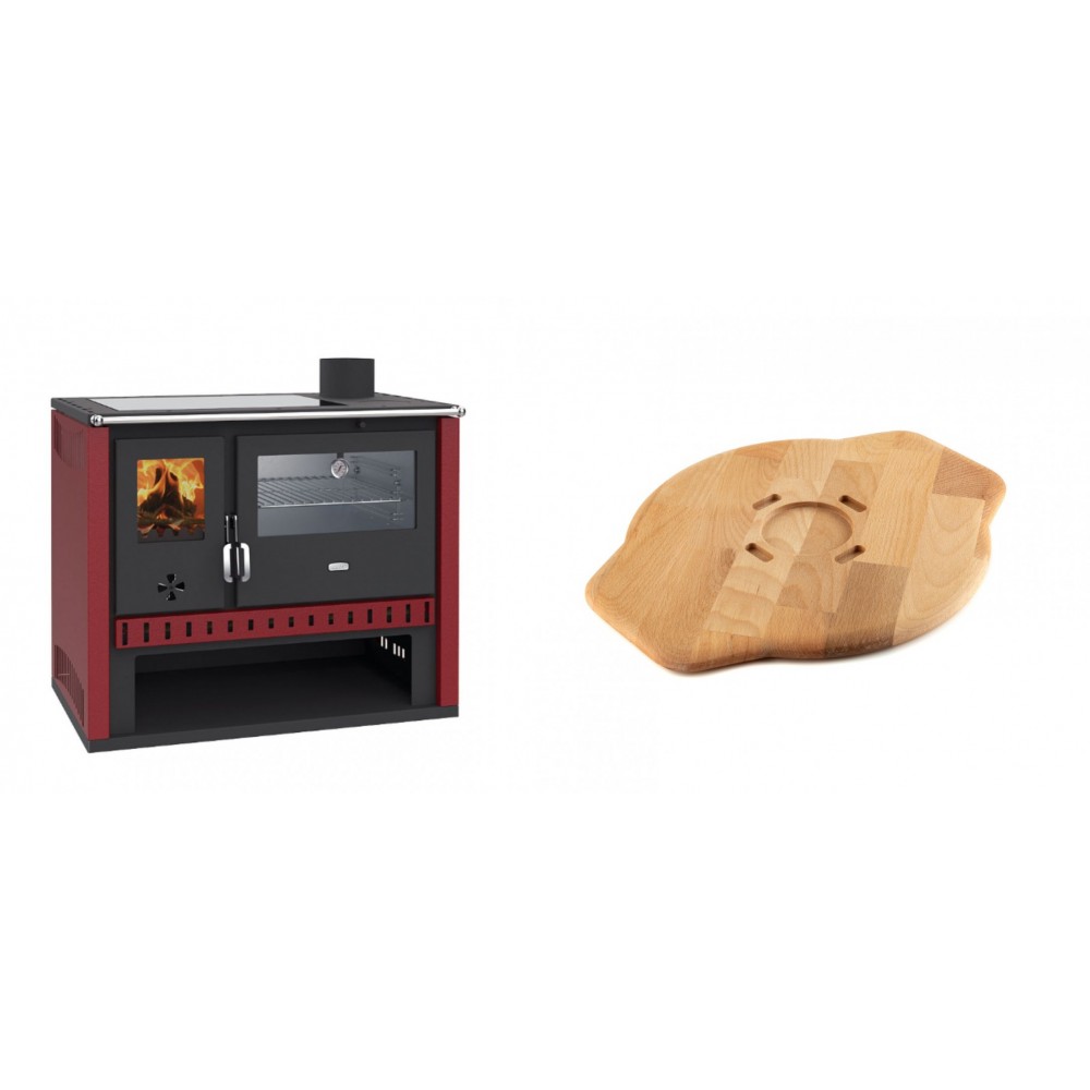 Set Küchenofen / Küchenhexe Prity GT Rot, mit Edelstahl-Backofen und Glaskeramik-Kochfeld, 15 kW + Holz untersetzer für Gusseisenplatte Solagio HSYSAK28 | Kaminofen - Holzofen mit Backfach | Kaminofen |